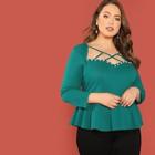 Shein Plus Cage Neck Pearl Detail Peplum Top