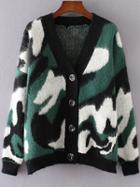 Shein Green Camouflage Pattern Drop Shoulder Button Up Sweater Coat