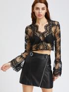 Shein Black Flower Embroidered Sheer Mesh Scallop Top
