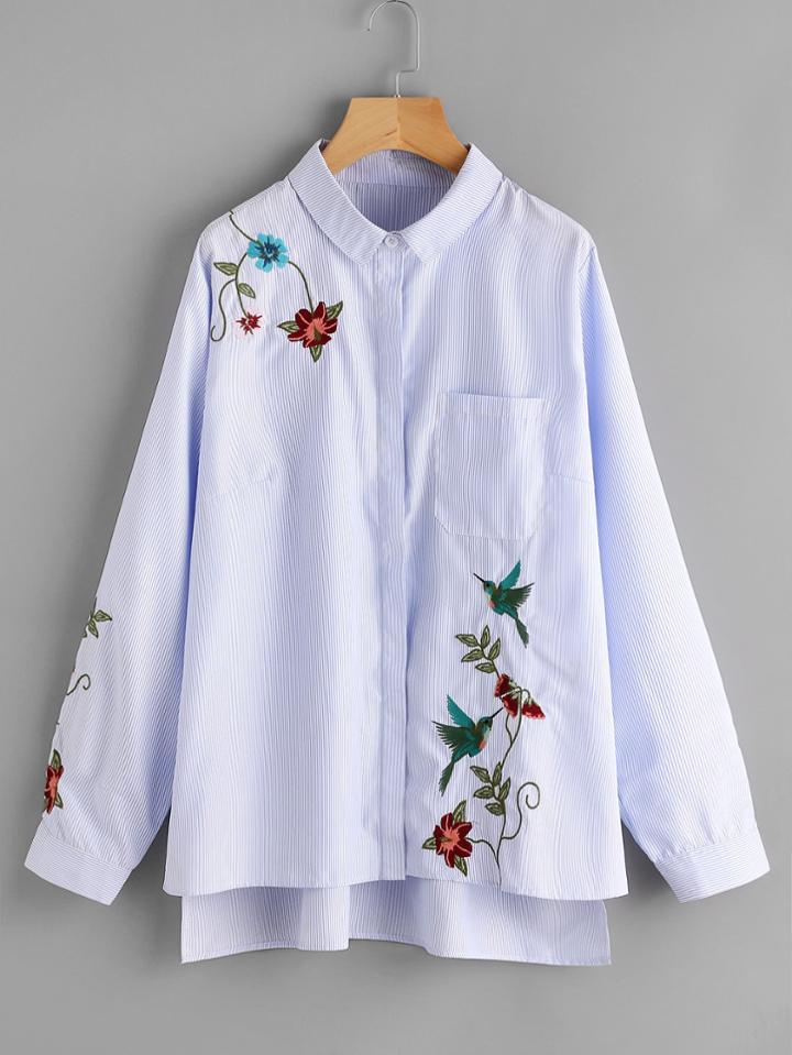 Shein Hidden Placket Stepped Hem Embroidered Shirt