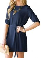 Rosewe Navy Blue Round Neck Belted Mini Dress