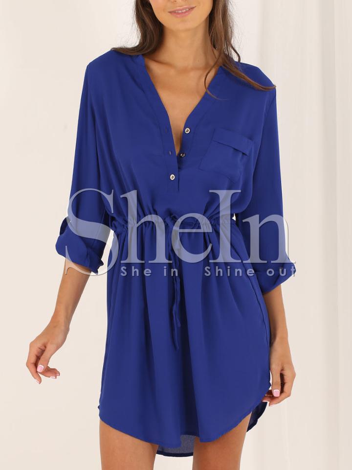 Shein Blue Colbalt Surplice Blouson Long Sleeve V Neck Dress
