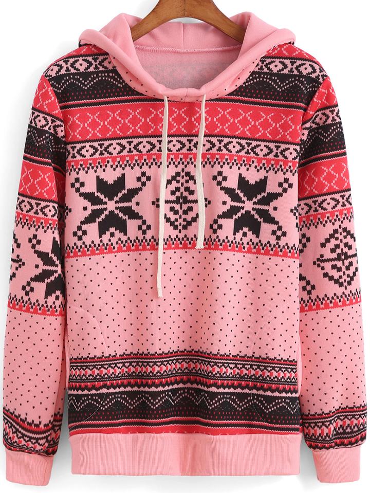 Shein Pink Hooded Tribal Snowflake Print Sweatshirt