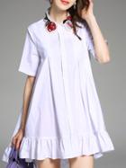 Shein White Lapel Embroidered Frill Shift Dress