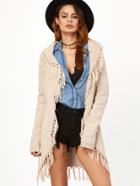 Shein Apricot Knotted Fringe Trim Curved Hem Sweater Coat