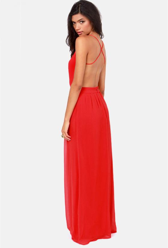  Red Spaghetti Strap Backless Maxi Dress