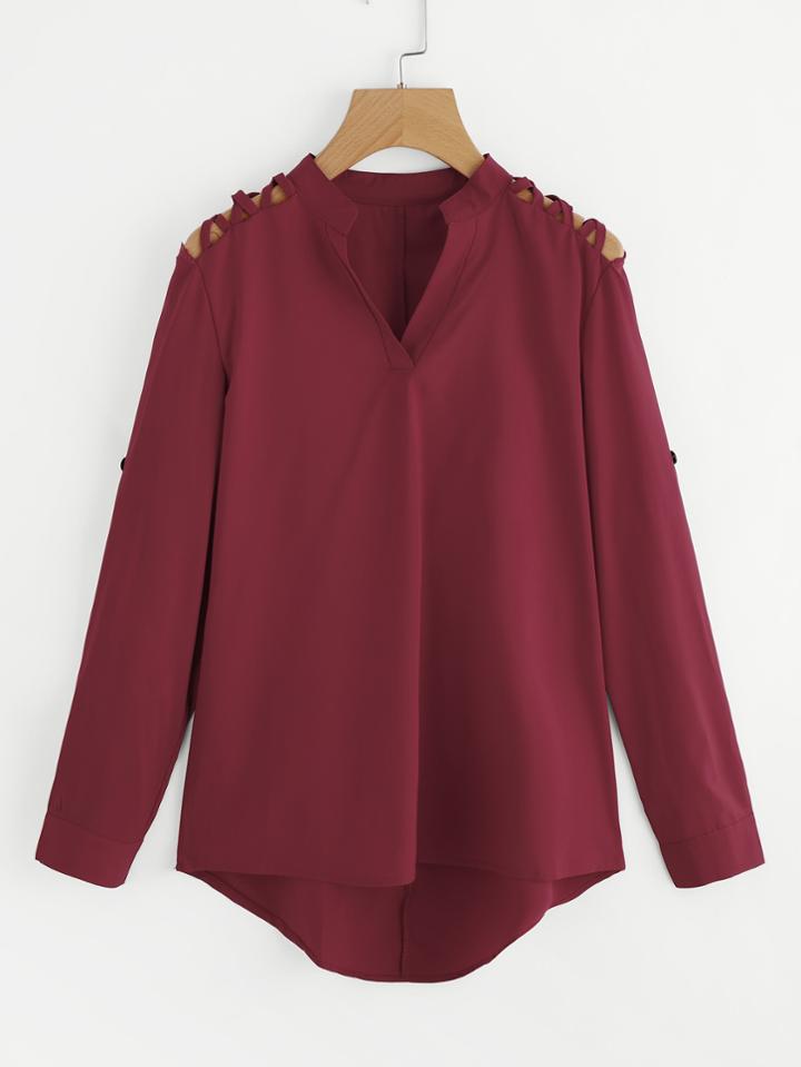 Shein Crisscross Detail Dip Hem Blouse