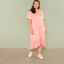 Shein Plus Striped Sleeve Ruffle Dip Hem Dress