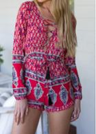 Rosewe Tribal Print Long Sleeve Red Lace Up Romper