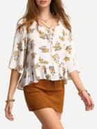 Shein Calico Print Lace Up Ruffle Hem Blouse