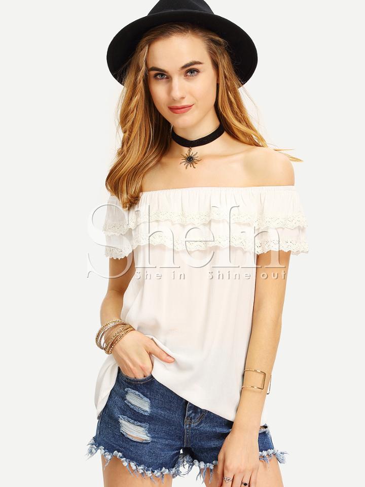 Shein White Off The Shoulder Lace Trim Blouse