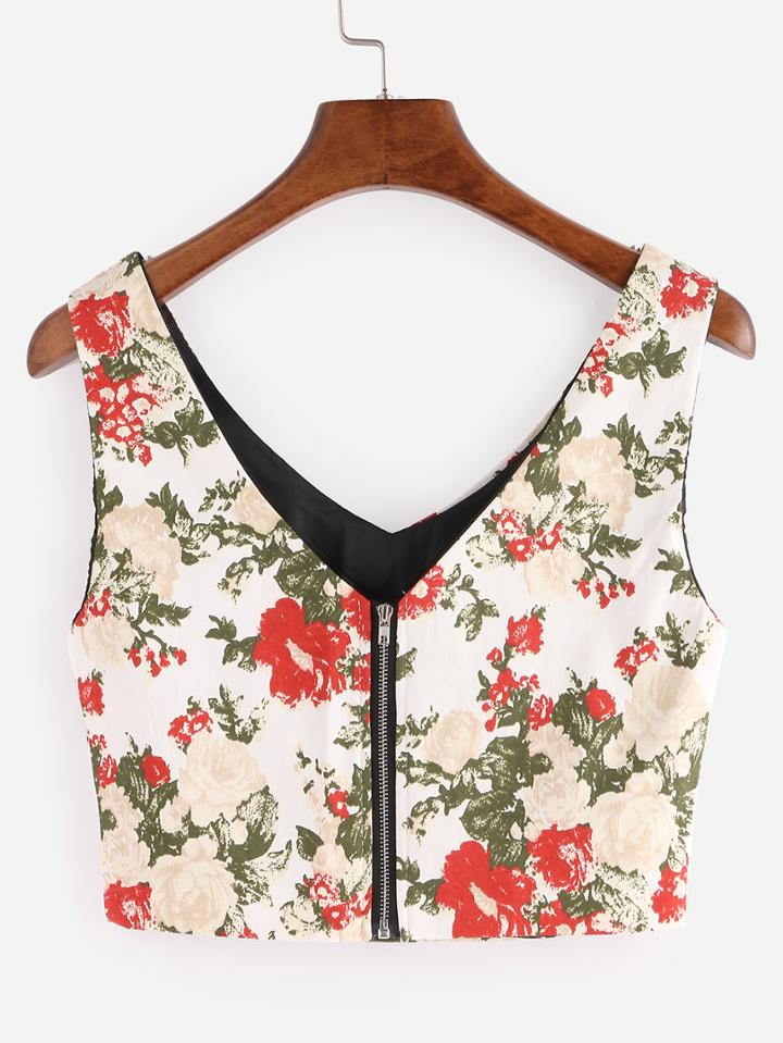 Shein Zip Back Flower Print Crop Tank Top - White