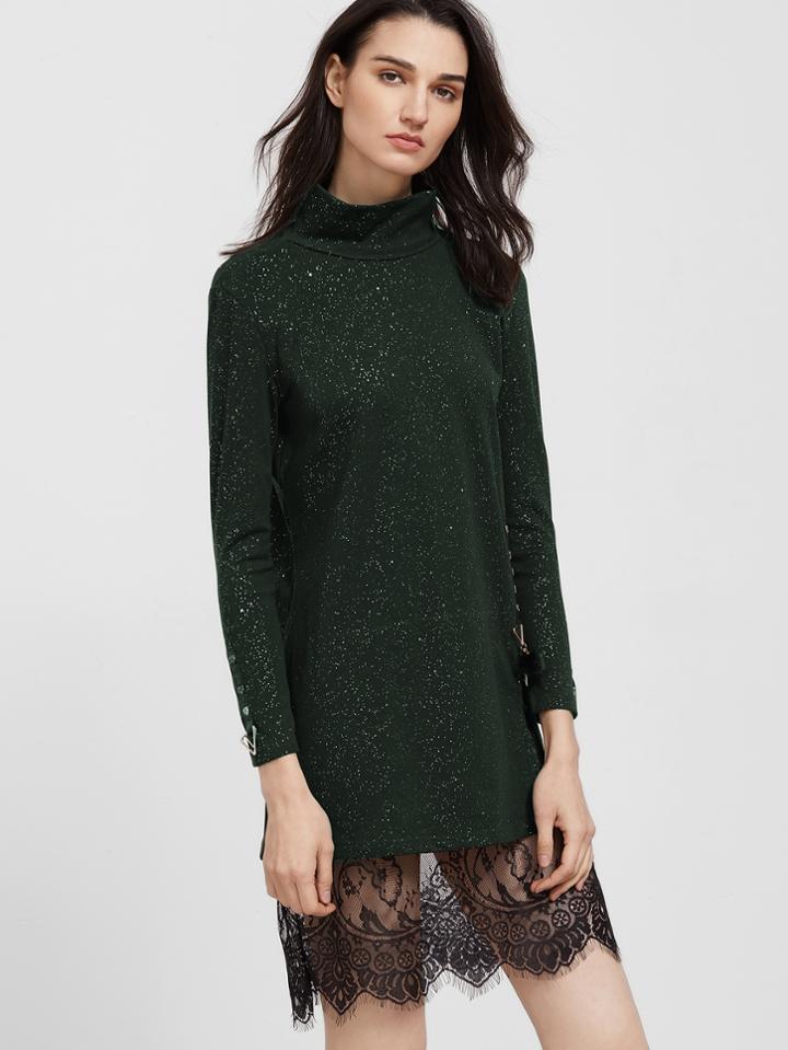 Shein Contrast Eyelash Lace High Slit Sparkle Dress