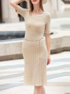 Shein Apricot Belted Knit Shift Pleated Dress