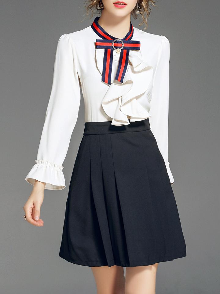 Shein Bowknot Neck Ruffle Color Block Dress