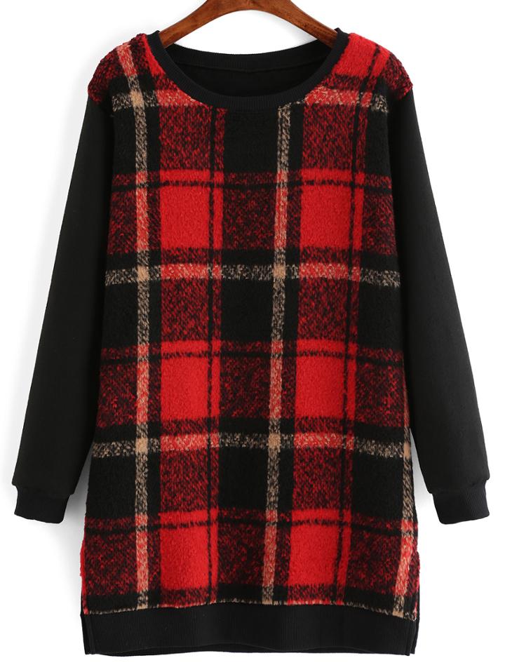 Shein Red Black Round Neck Plaid Straight Dress