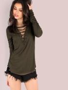 Shein Deep V Lace Up Long Sleeve Ribbed Top Olive