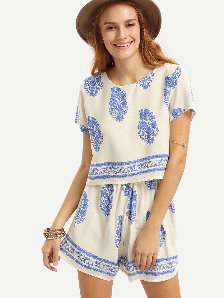 Shein White Vintage Pattern Print Top With Shorts