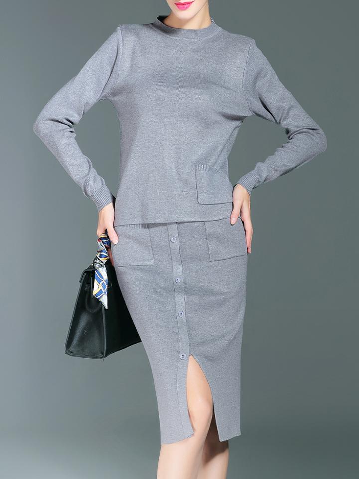 Shein Grey Pockets Knit Top With Split Skirt