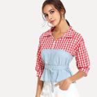 Shein Check Plaid Contrast Tie Waist Blouse