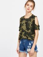 Shein Camo Print Open Shoulder Ripped T-shirt