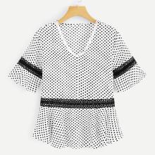 Shein Lace Insert Peplum Hem Dot Blouse
