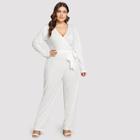 Shein Plus V Neck Belted Wrap Jumpsuit