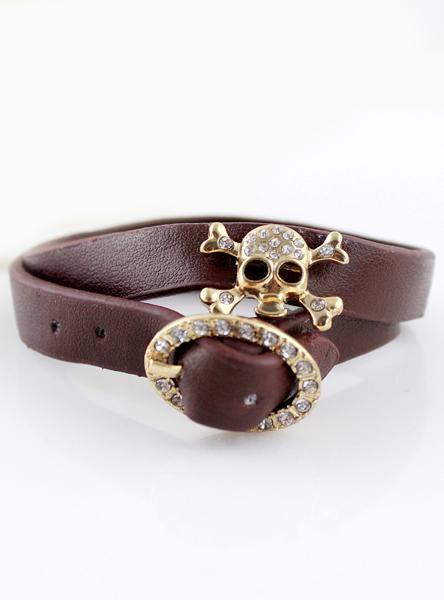 Shein Gold Diamond Skull Brown Leather Bracelet
