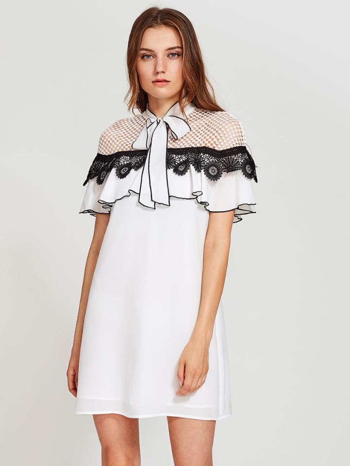 Shein Tie Neck Lace Shoulder Flounce Dress