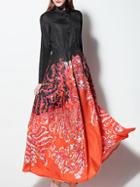 Shein Black Orange Color Block Lapel Print Maxi Dress