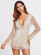 Shein Sequin Mesh Overlay Scallop Trim Plunge Romper