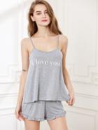 Shein Heather Grey Slogan Print Cami Pajama Set