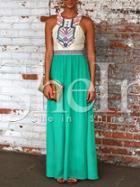 Shein Green Sleeveless Tribal Embroidered Color Block Maxi Dress