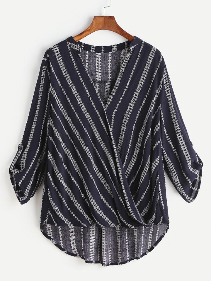 Shein Black Vintage Print V Neck Twisted Drape Front Blouse