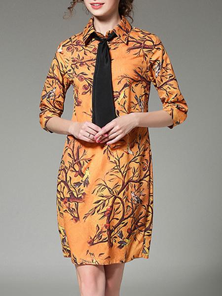 Shein Khaki Tie Neck Print Shift Dress