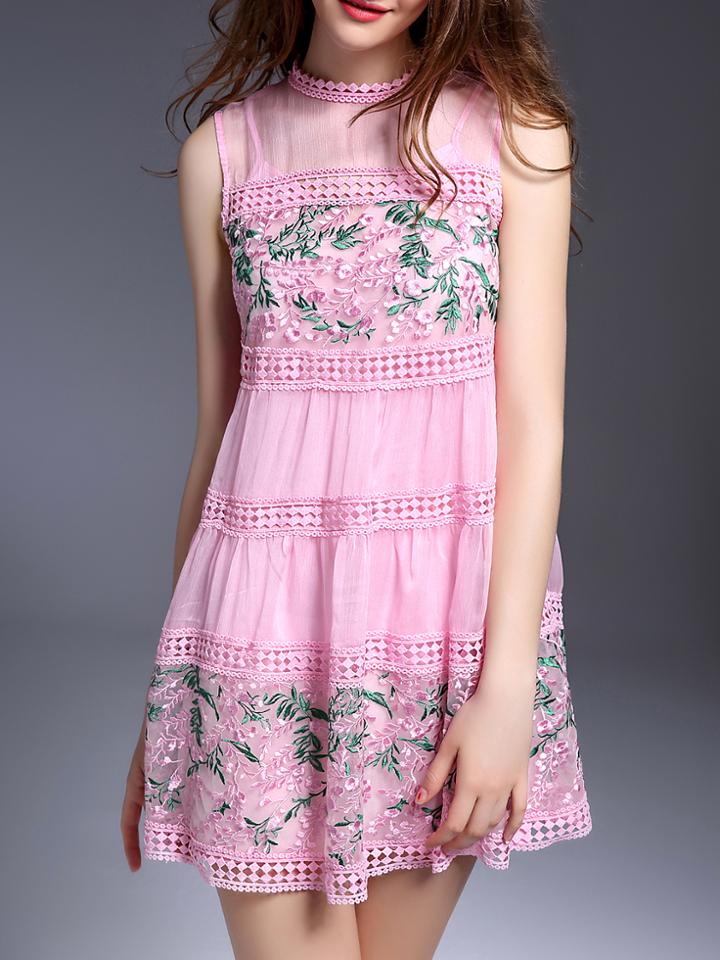Shein Pink Organza Embroidered Hollow Shift Dress