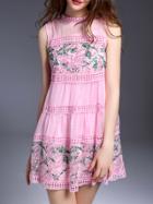 Shein Pink Organza Embroidered Hollow Shift Dress