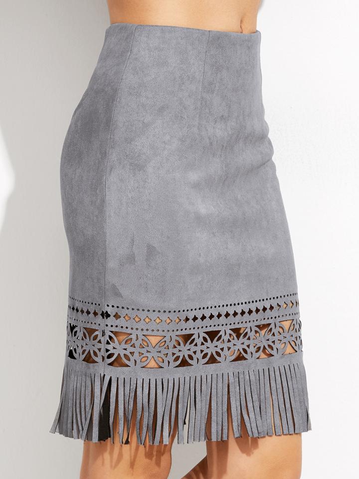 Shein Grey Hollow Out Fringe Hem Zipper Suede Skirt