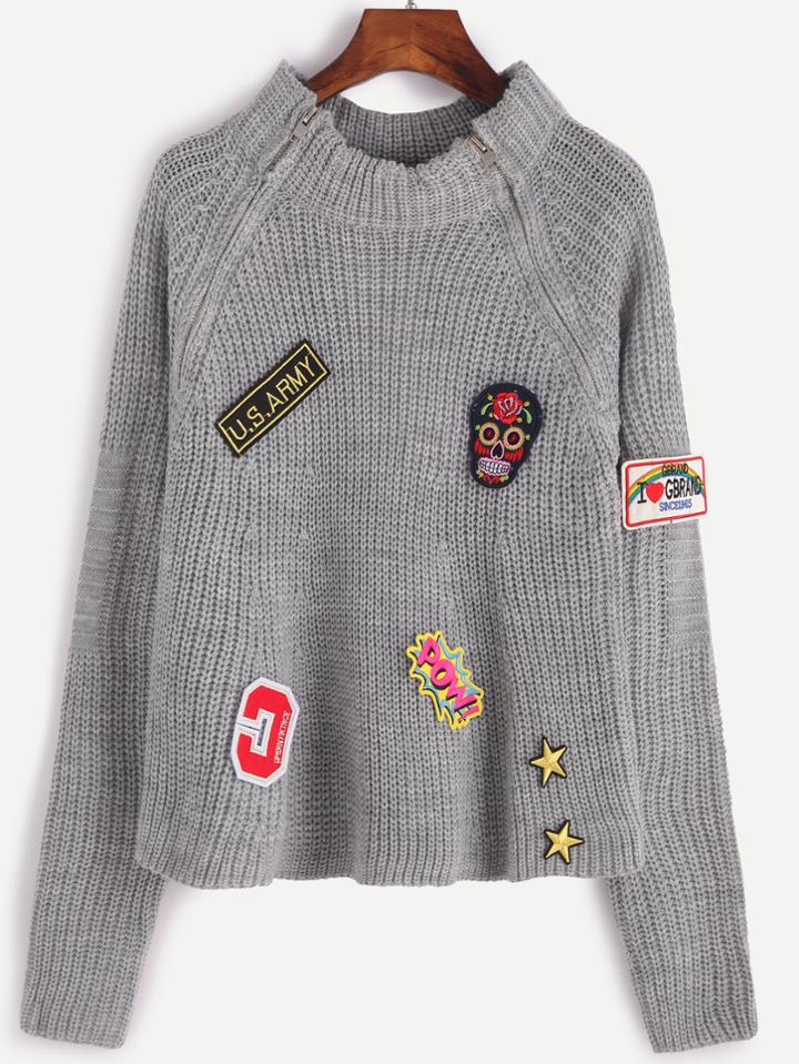 Shein Grey Double Zip Front Sweater With Patch Detail