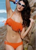 Rosewe Shiny Orange Lace Up Bikini Set With Tassel Decoration