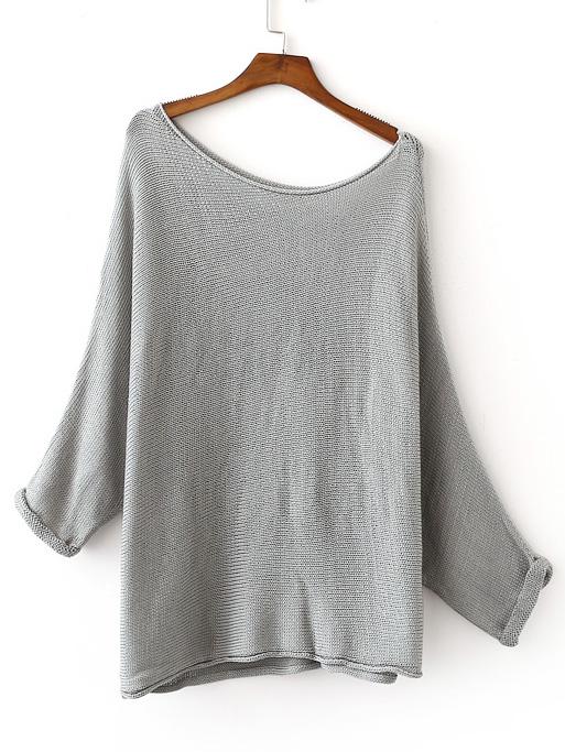 Shein Oblique Shoulder Drop Roll-up Cuff Knit Sweater