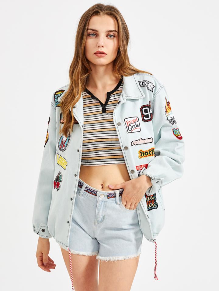 Shein Bleach Wash Drawstring Hem Denim Jacket With Badges