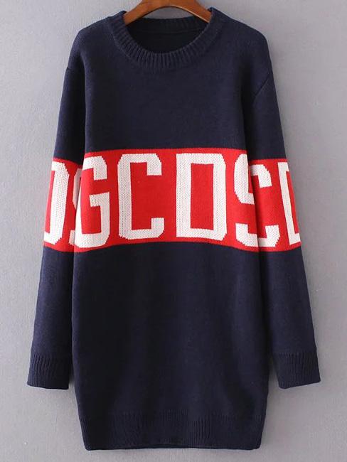 Shein Navy Letter Pattern Sweater Dress