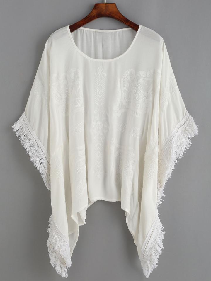 Shein White Bat Sleeve Embroidered Fringe Top