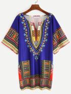 Shein V-cut Tribal Print Shift Dress - Blue
