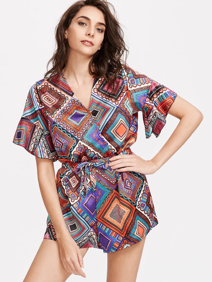 Shein Multicolor Printed V Neck Ruffle Drawstring Romper