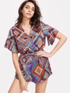 Shein Multicolor Printed V Neck Ruffle Drawstring Romper