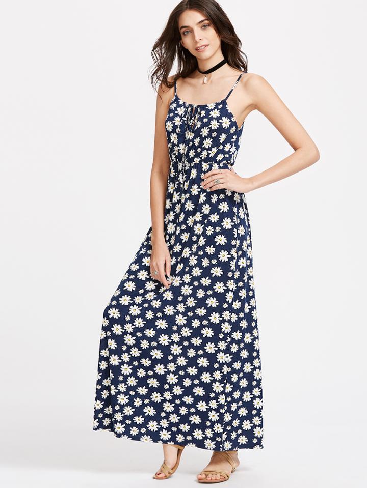 Shein Daisy Print Tie Front Elastic Waist Cami Dress