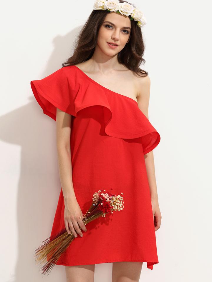 Shein Red Ruffle One Sleeve Shift Dress