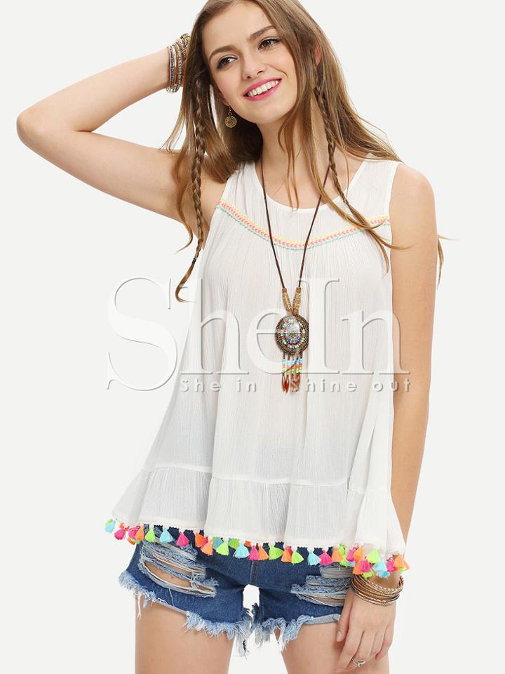 Shein Beige Embroidered Tassel Tank Top